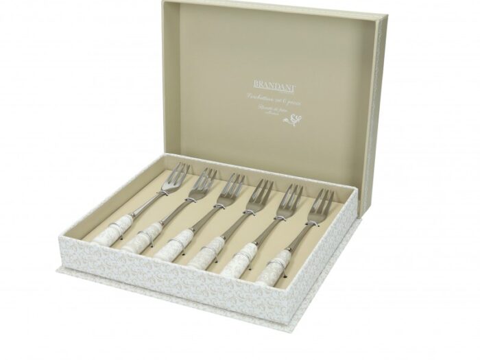 BOMBONIERA FORCHETTINA RICCIOLI DI FATA SET 6 PZ INOX C/MANICO CERAMICA - BRANDANI