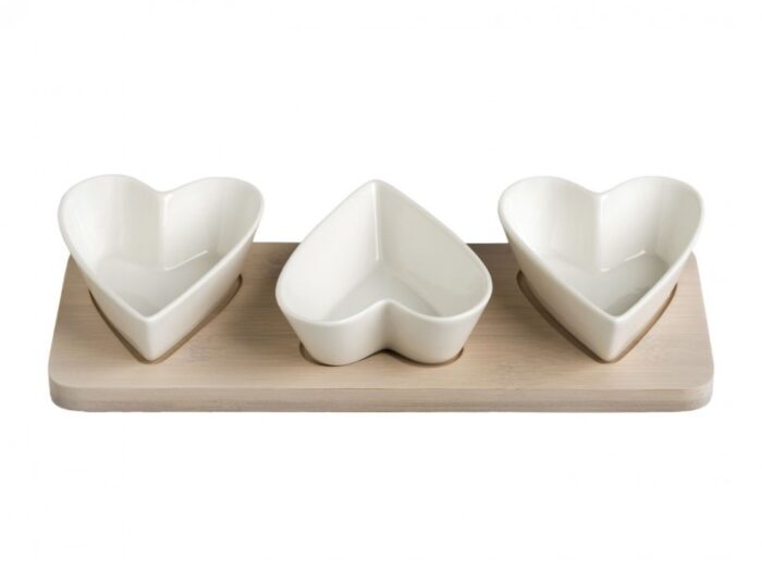 BOMBONIERA PORTASSAGGI TRIS DI CUORI IN PORCELLANA BIANCA CON SUPPORTO IN BAMBOO NATURALE - BRANDANI