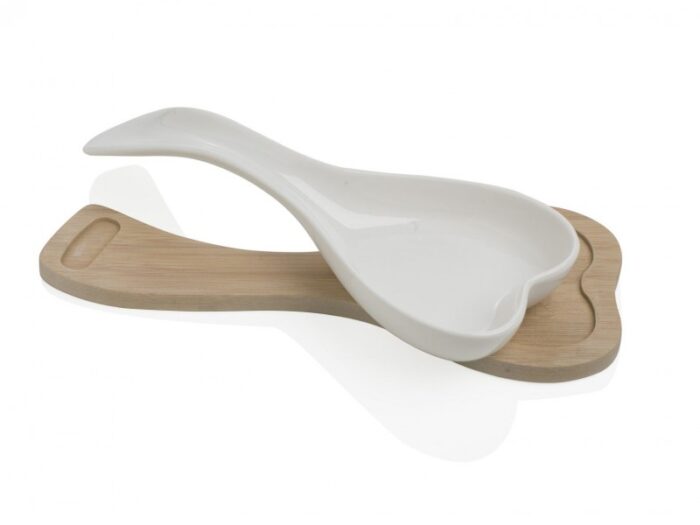 BOMBONIERA POGGIAMESTOLO CUORE IN PORCELLANA BIANCA CON SUPPORTO IN BAMBOO NATURALE - BRANDANI