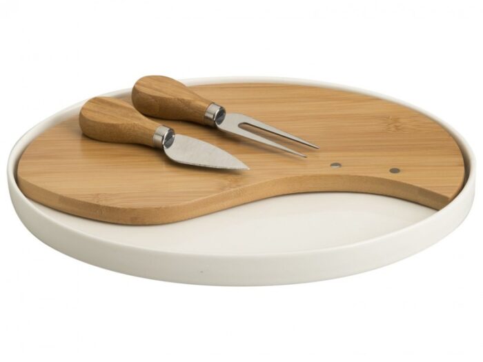 BOMBONIERA TAGLIERE FORMAGGIO IN PORCELLANA E BAMBOO CON 2 COLTELLI FORMAGGIO IN ACCIAIO INOX - BRANDANI