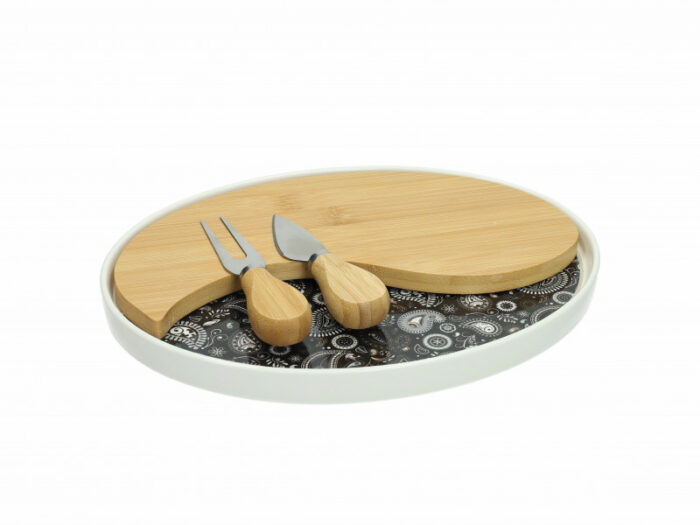 BOMBONIERA TAGLIERE SHANTI NERO PORCELLANA/BAMBOO CON DUE COLTELLI FORMAGGIO INOX - BRANDANI