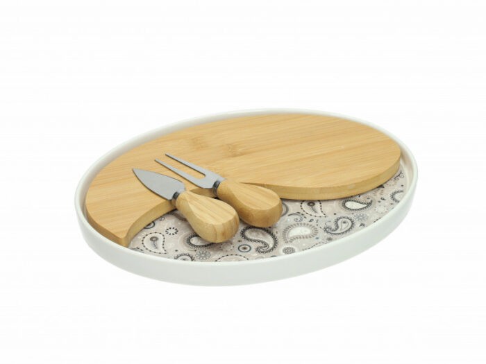 BOMBONIERA TAGLIERE SHANTI SABBIA PORCELLANA/BAMBOO CON 2 COLTELLI FORMAGGIO INOX - BRANDANI