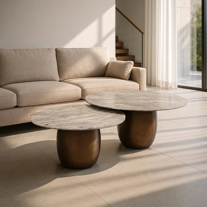 S/2 TAVOLINO DA CAFÉ METALLO-MARMO 100 X 100 X 38 CM - 614848