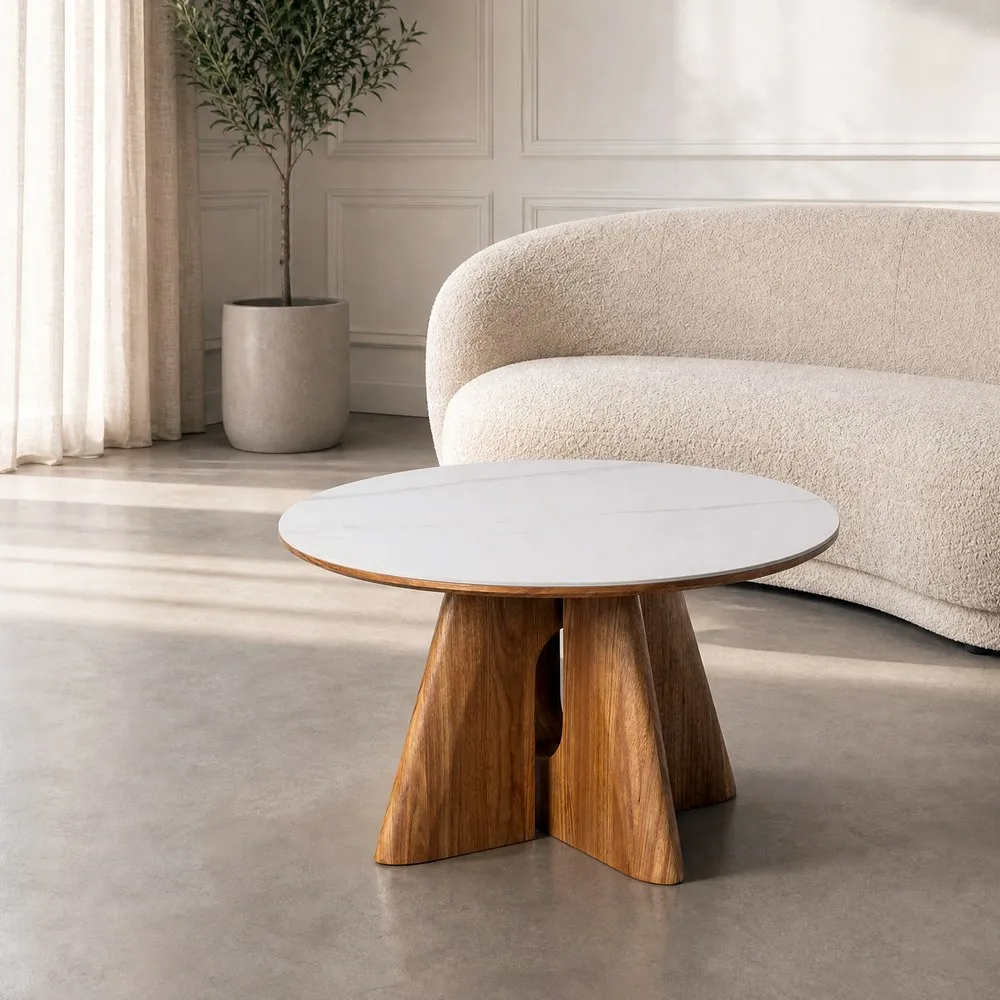 Tavolino da Caffè beige e marrone in legno e ceramica Ø 80 x 45h cm