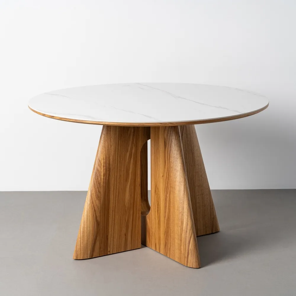 Tavolo da pranzo beige e marrone in legno e ceramica - Ø120 x 75h cm - immagine 2