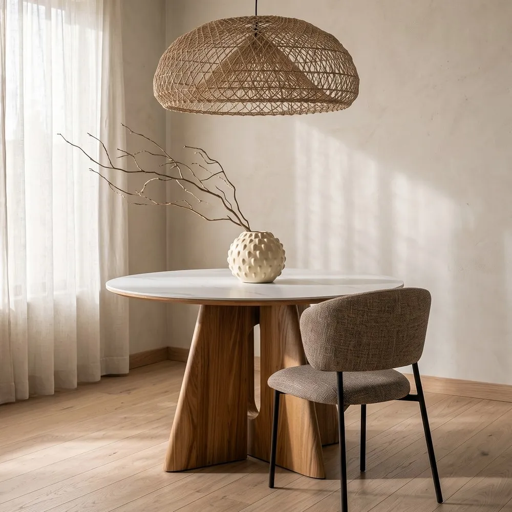Tavolo da pranzo beige e marrone in legno e ceramica – Ø120 x 75h cm