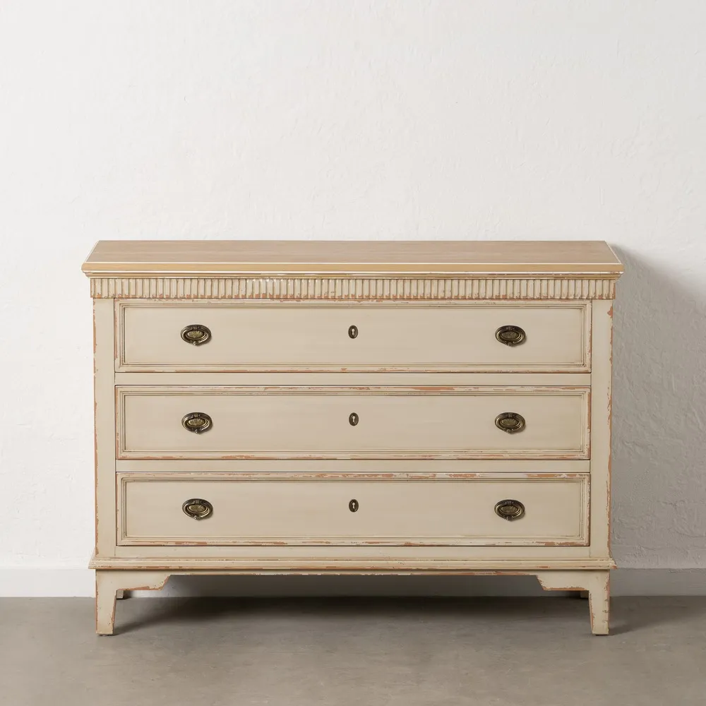 Cassettiera in legno di abete naturale / crema 119,5 x 44,5 x 84 cm