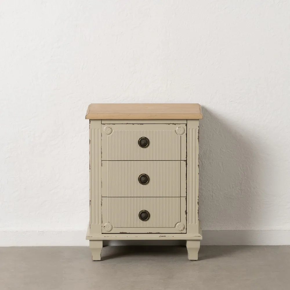 Comodino 3 cassetti crema in legno camera da letto 48 x 36 x 61 cm