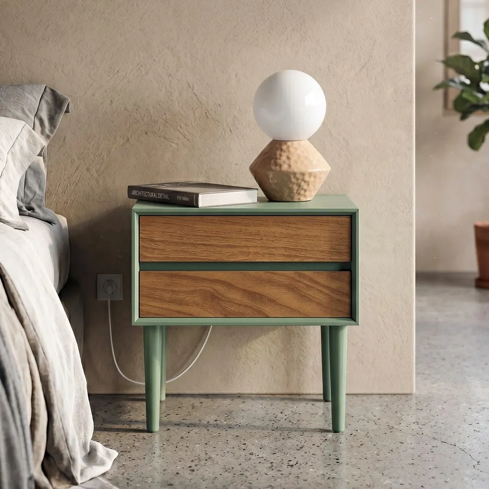 Comodino verde 2 cassetti in legno camera da letto 50 x 35 x 50 cm